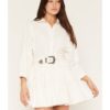 Women's Long Sleeve Belted Mini Dress with Tiered Skirt