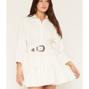 Women's Long Sleeve Belted Mini Dress with Tiered Skirt