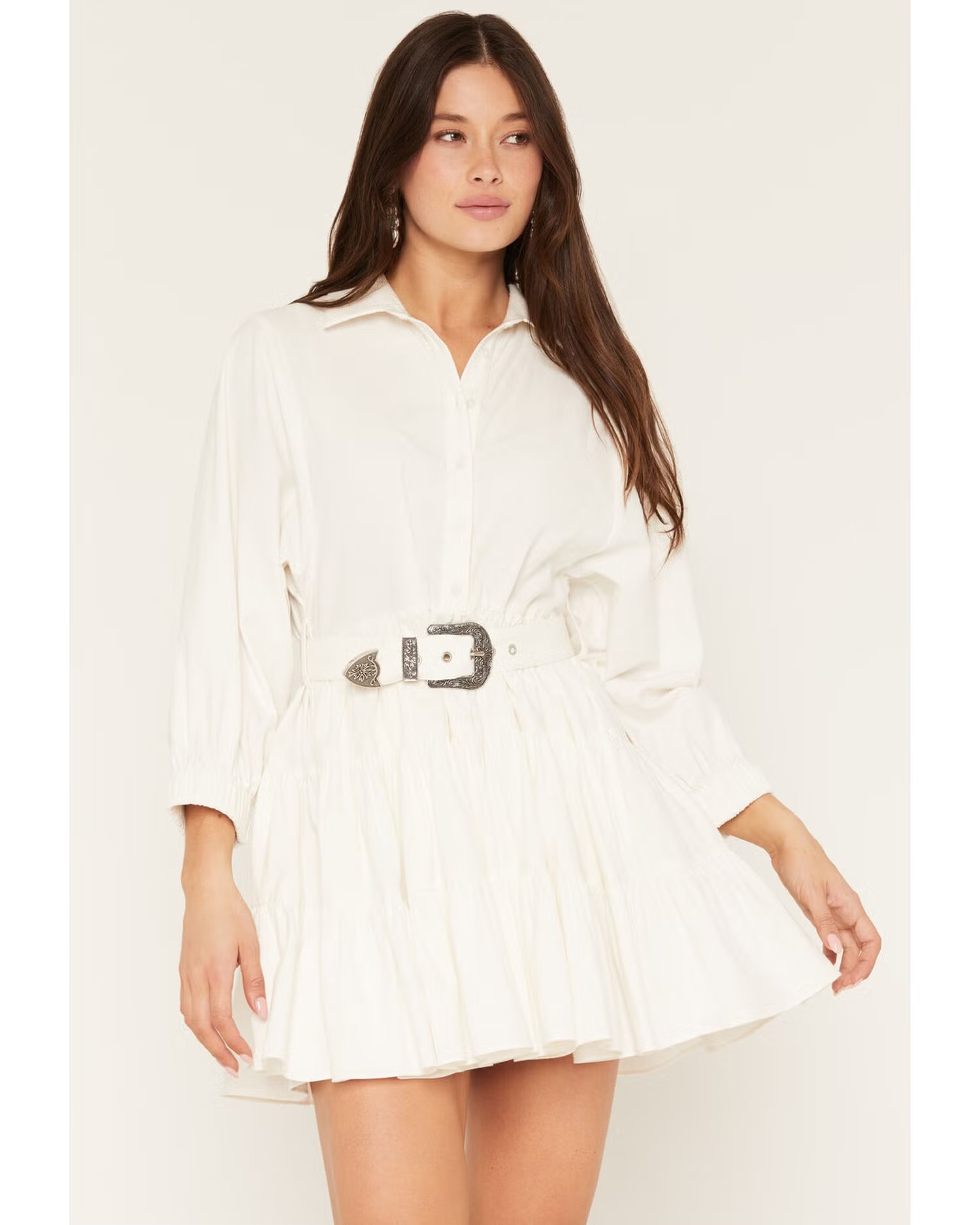 Women's Long Sleeve Belted Mini Dress with Tiered Skirt
