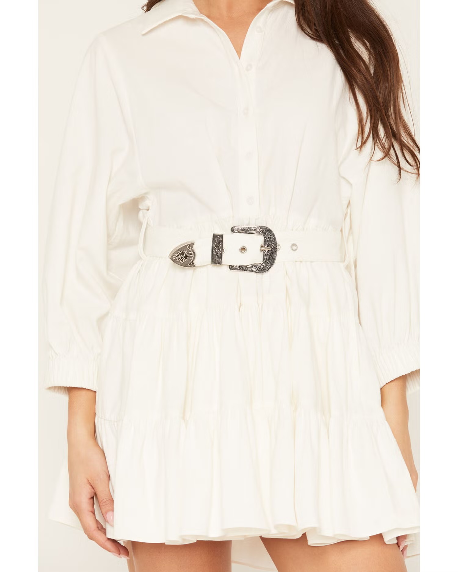Women's Long Sleeve Belted Mini Dress with Tiered Skirt