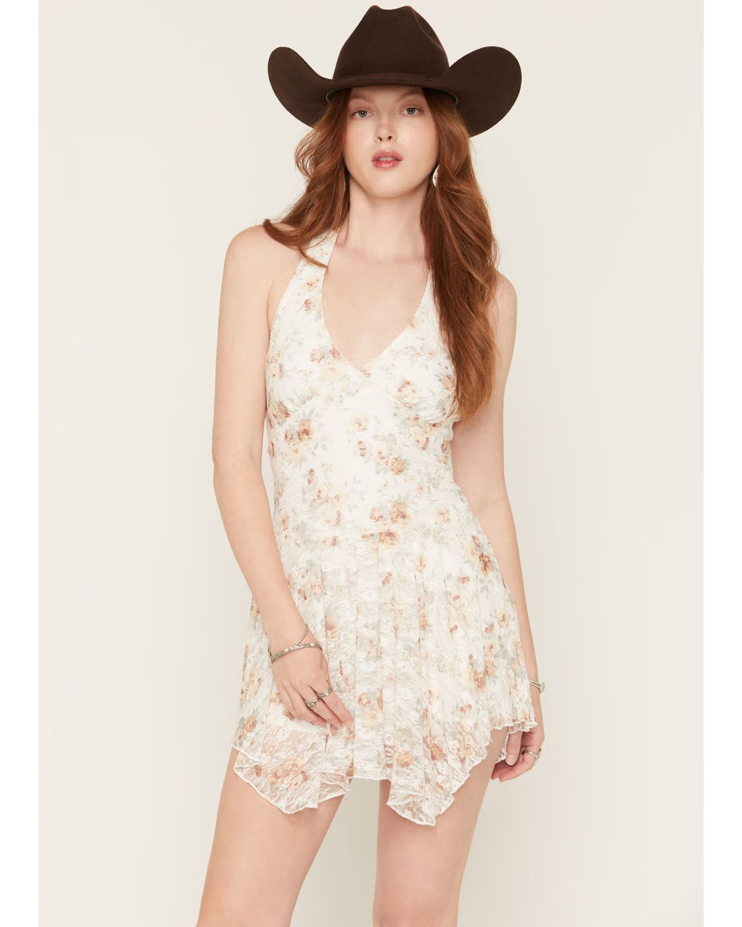 Women's Halter Neck Floral Lace Mini Dress with Hanky Hem