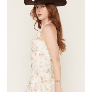 Women's Halter Neck Floral Lace Mini Dress with Hanky Hem