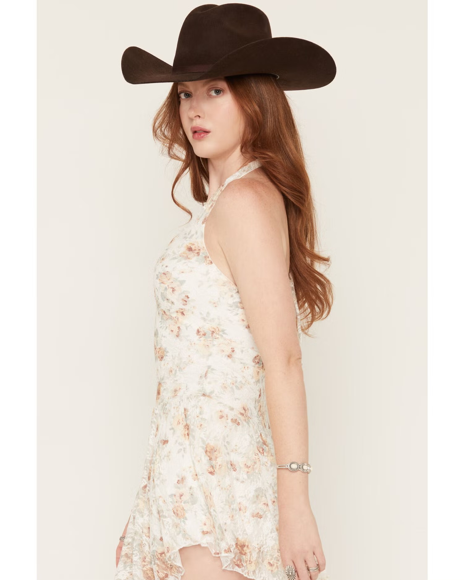 Women's Halter Neck Floral Lace Mini Dress with Hanky Hem