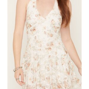 Women's Halter Neck Floral Lace Mini Dress with Hanky Hem