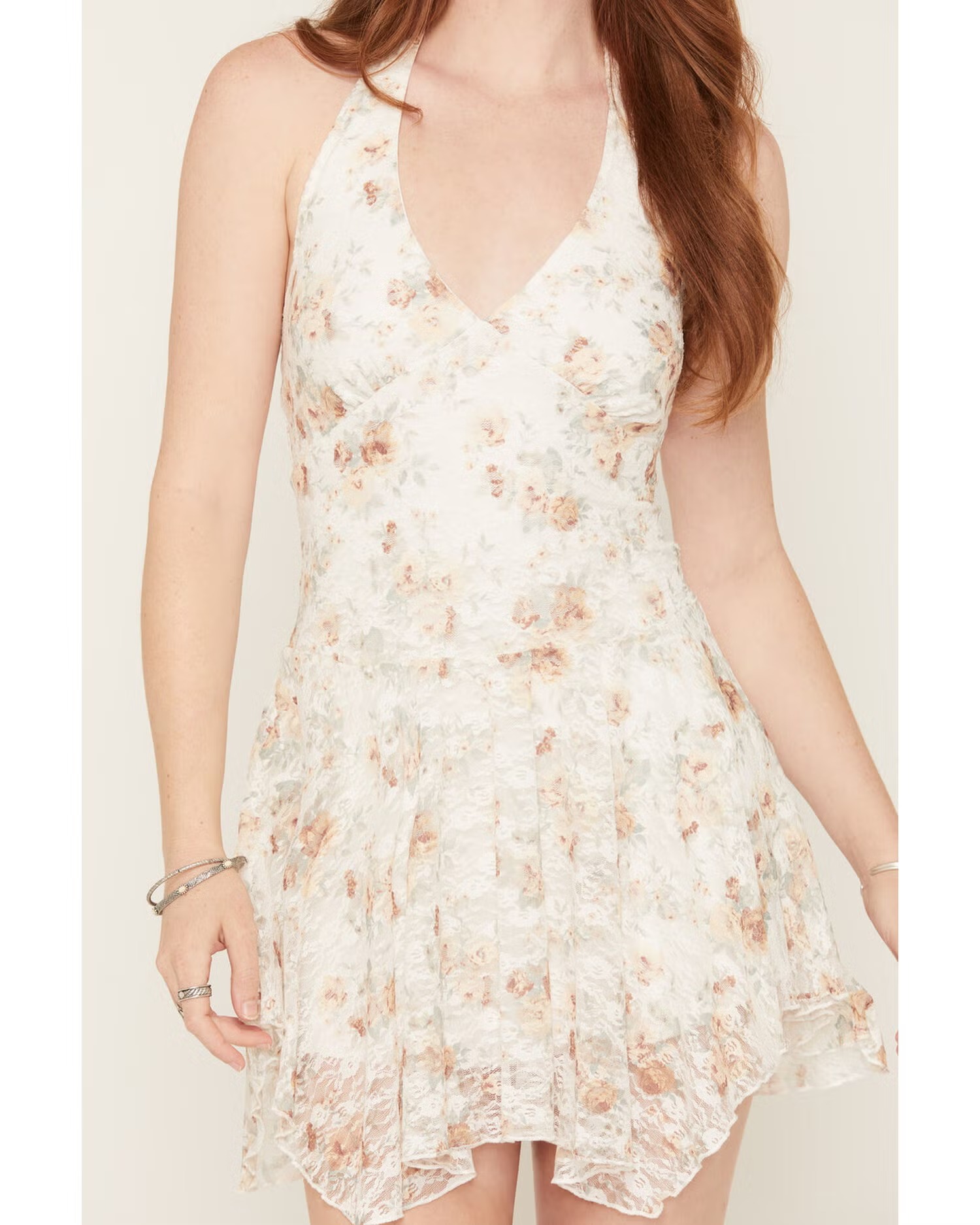 Women's Halter Neck Floral Lace Mini Dress with Hanky Hem