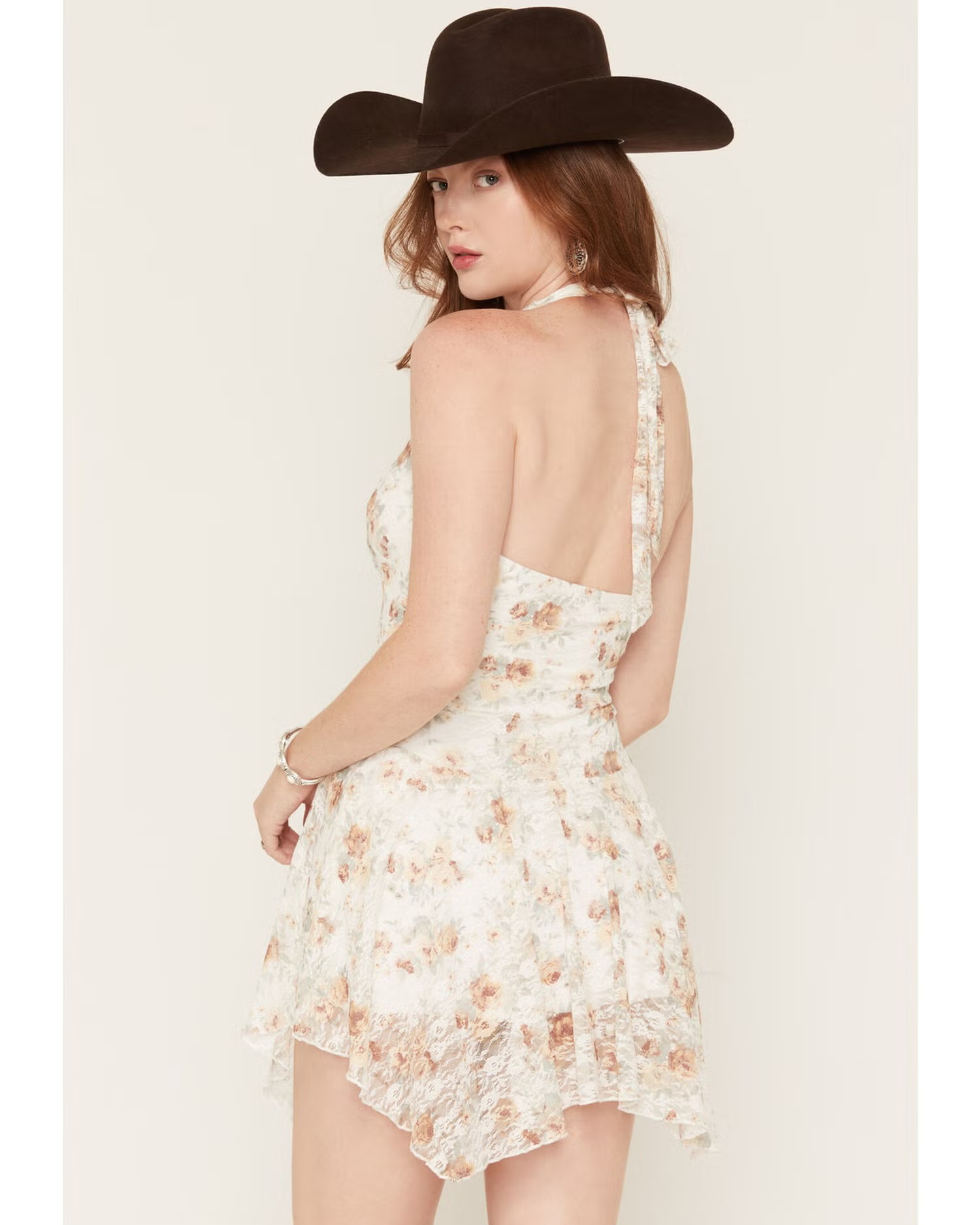 Women's Halter Neck Floral Lace Mini Dress with Hanky Hem