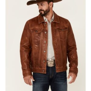 Men's Leather Trucker Jacket with Button Front and Chest Pockets