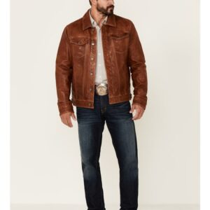 Men's Leather Trucker Jacket with Button Front and Chest Pockets