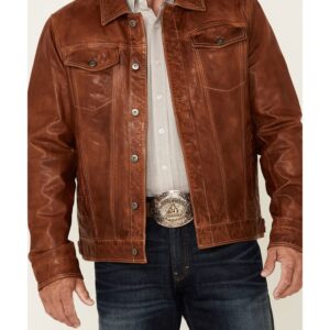 Men's Leather Trucker Jacket with Button Front and Chest Pockets