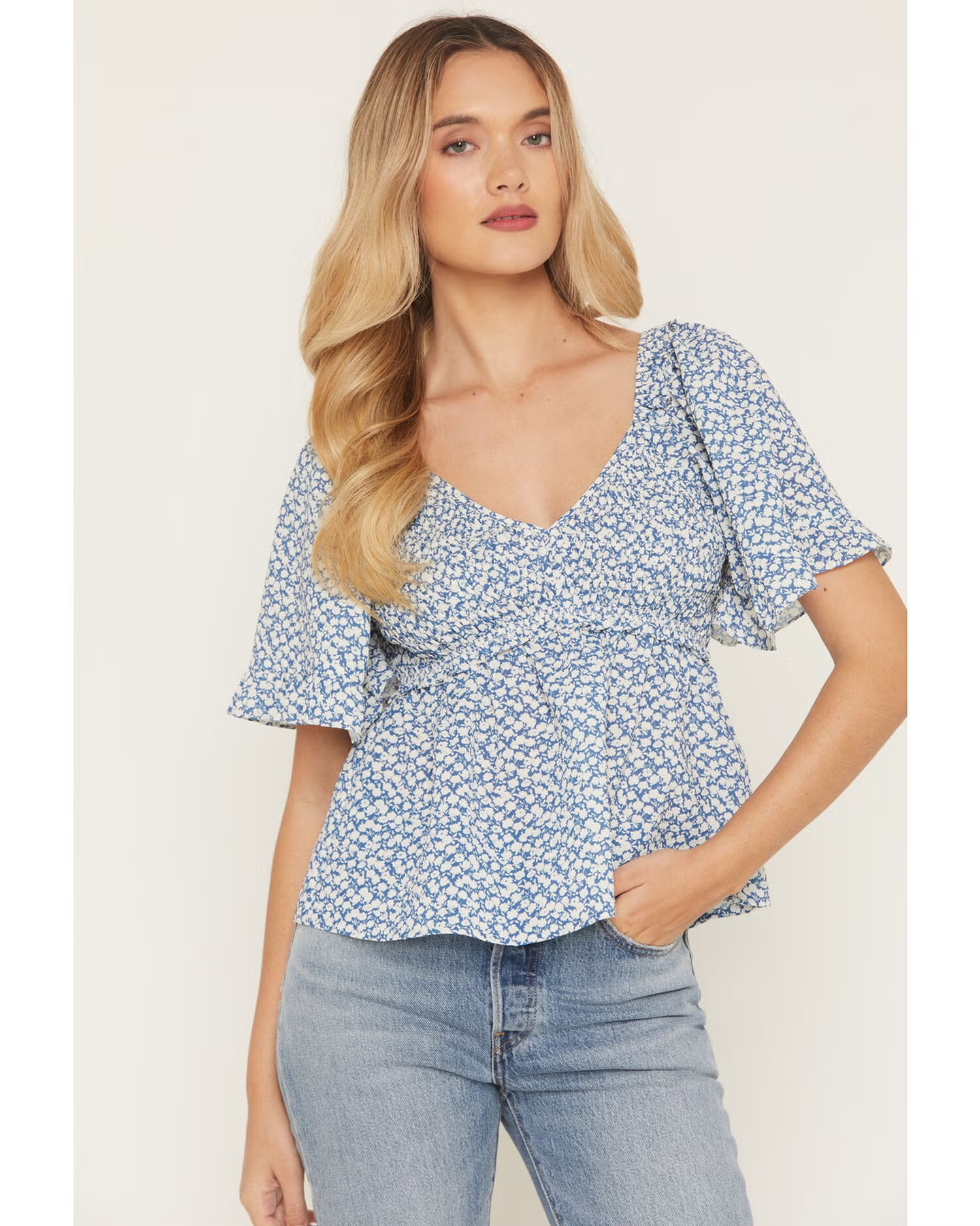 Women's Floral Print Smocked Short Sleeve Peplum Top
