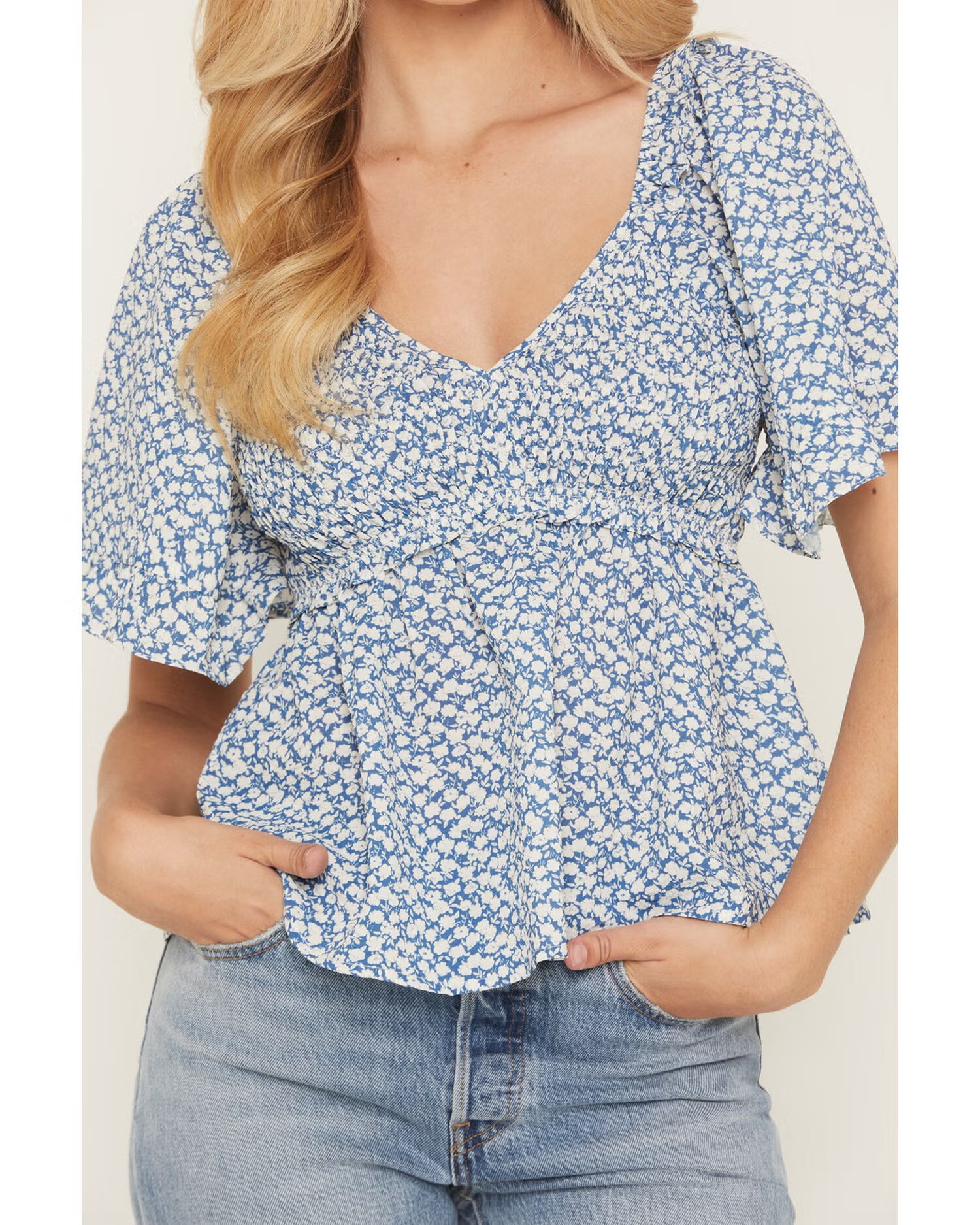Women's Floral Print Smocked Short Sleeve Peplum Top