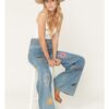 Women's High Rise Wide Leg Denim Jeans with Embroidered Details