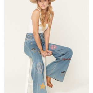 Women's High Rise Wide Leg Denim Jeans with Embroidered Details