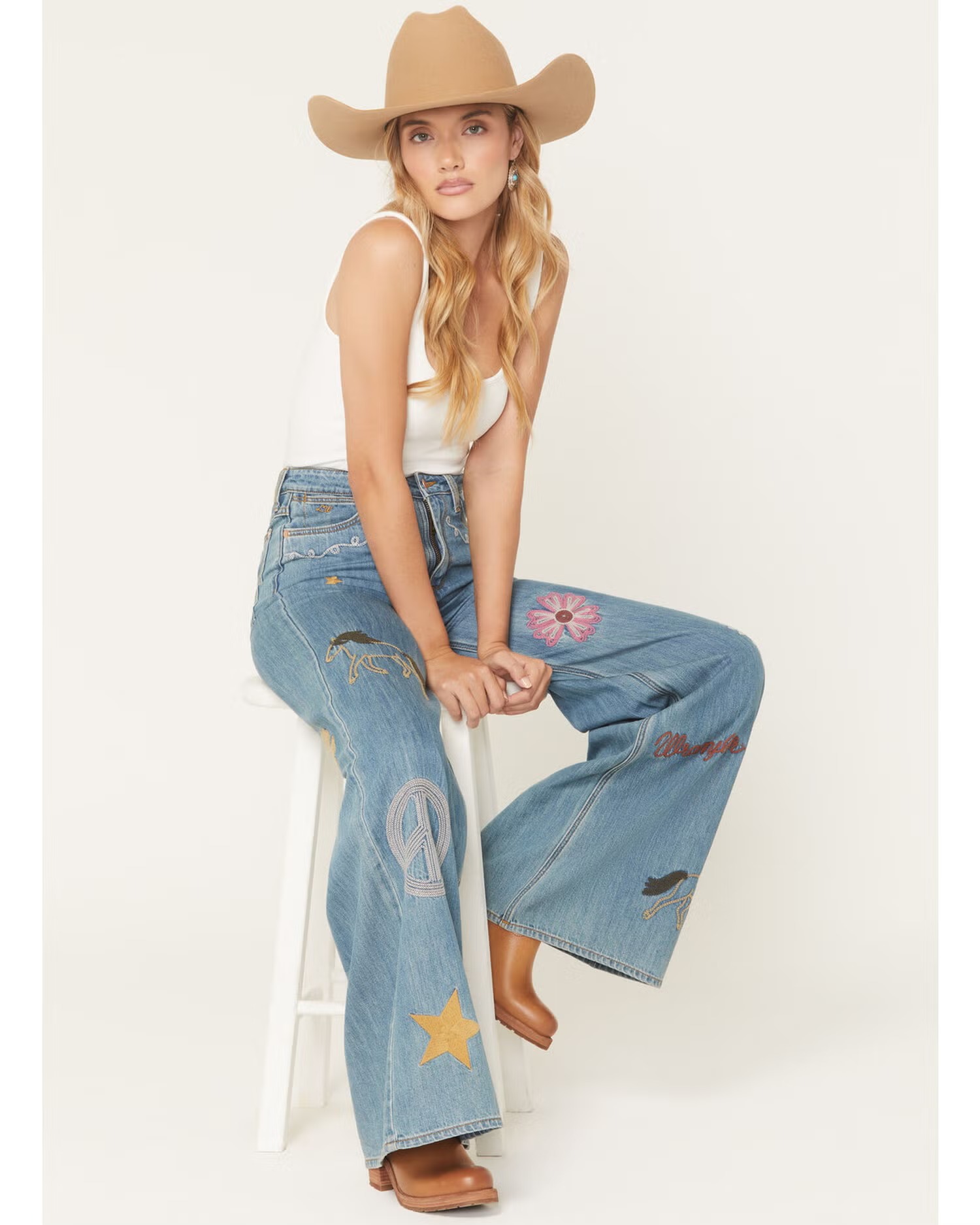 Women's High Rise Wide Leg Denim Jeans with Embroidered Details