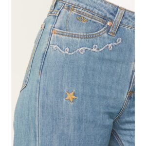 Women's High Rise Wide Leg Denim Jeans with Embroidered Details