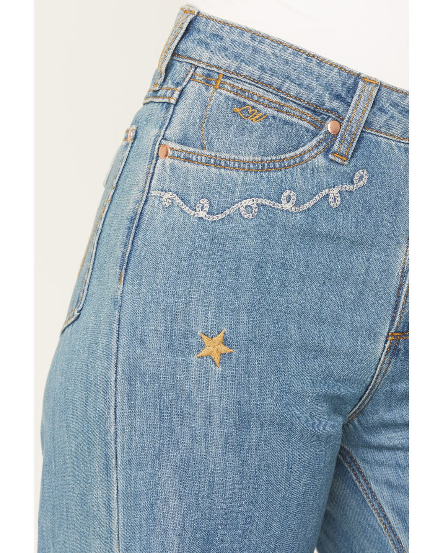 Women's High Rise Wide Leg Denim Jeans with Embroidered Details