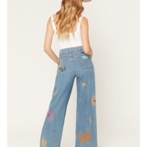 Women's High Rise Wide Leg Denim Jeans with Embroidered Details