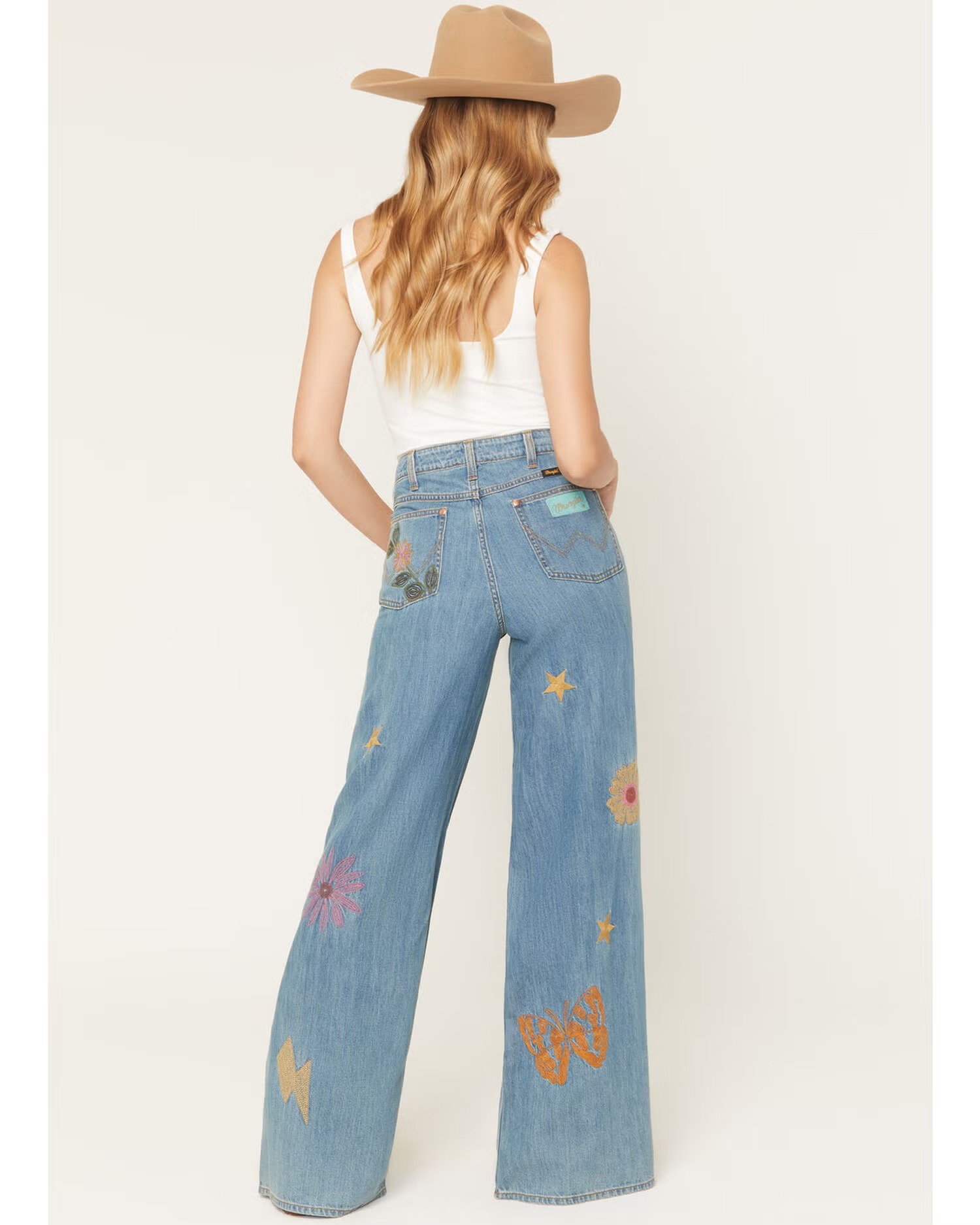 Women's High Rise Wide Leg Denim Jeans with Embroidered Details