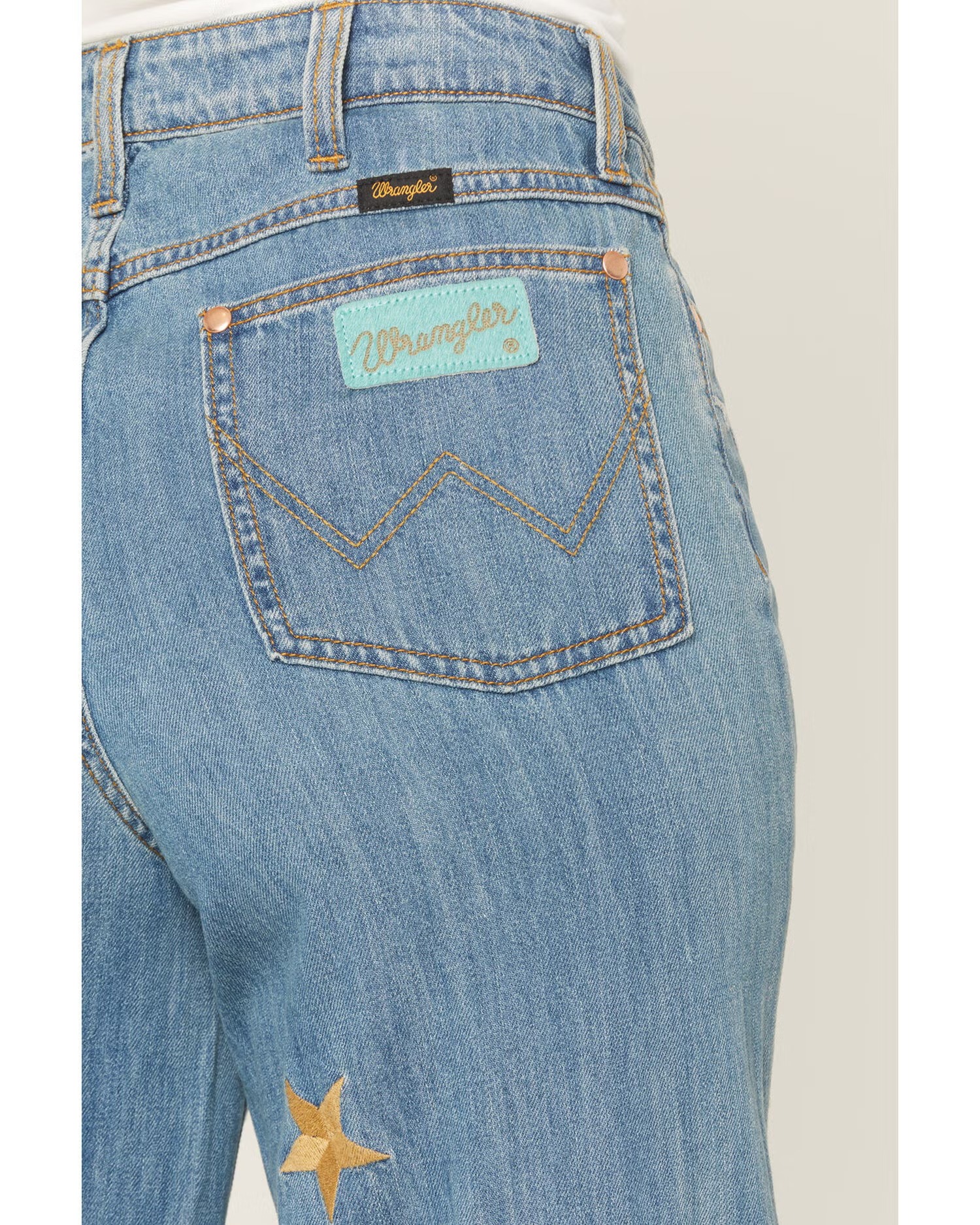 Women's High Rise Wide Leg Denim Jeans with Embroidered Details