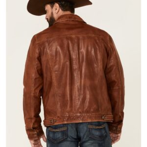 Men's Leather Trucker Jacket with Button Front and Chest Pockets